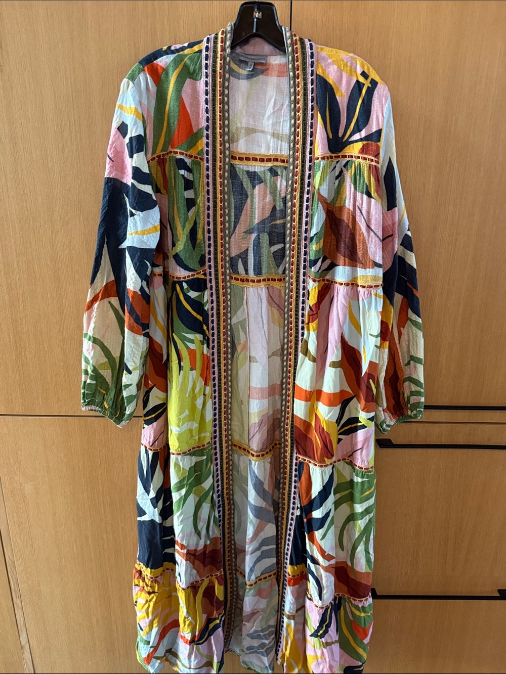 Anthropologie Conditions Apply Tropical Leaf Duster Boho Embroidered Trim Kimono - Picture 4 of 14